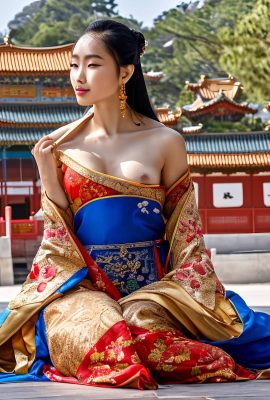 hängende goldene Ohrringe, Bild einer wunderschönen chinesischen Prinzessin, die Vagina und Brüste zeigt