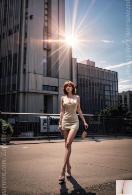 Orangefarbenes Haar und Samtkleid